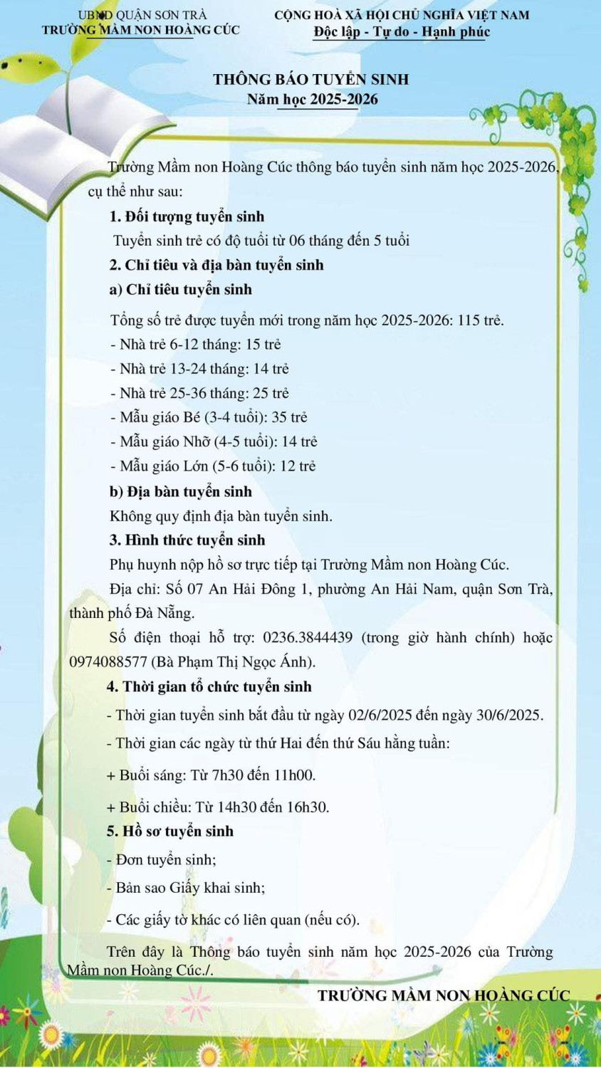 Trường MN Hoàng Cúc thông báo tuyển sinh năm học 2025-2026